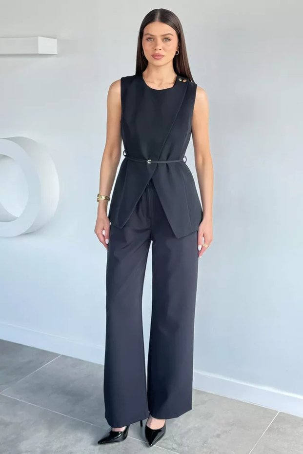 Women's Elastic Waist Trousers Gold Detailed Vest Double Set
