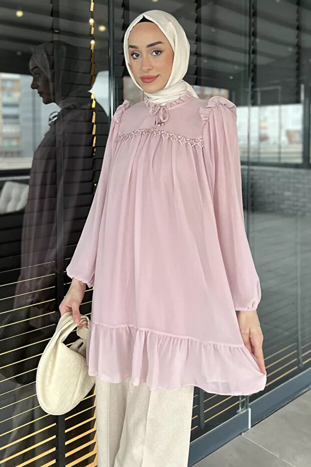 Front-Tied Ruffled Guipure Detailed Hijab Chiffon Tunic