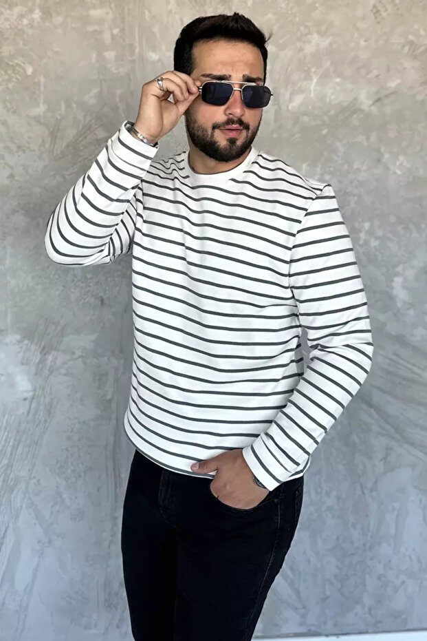Men's Crew Neck Striped Patterned Sweatshirt