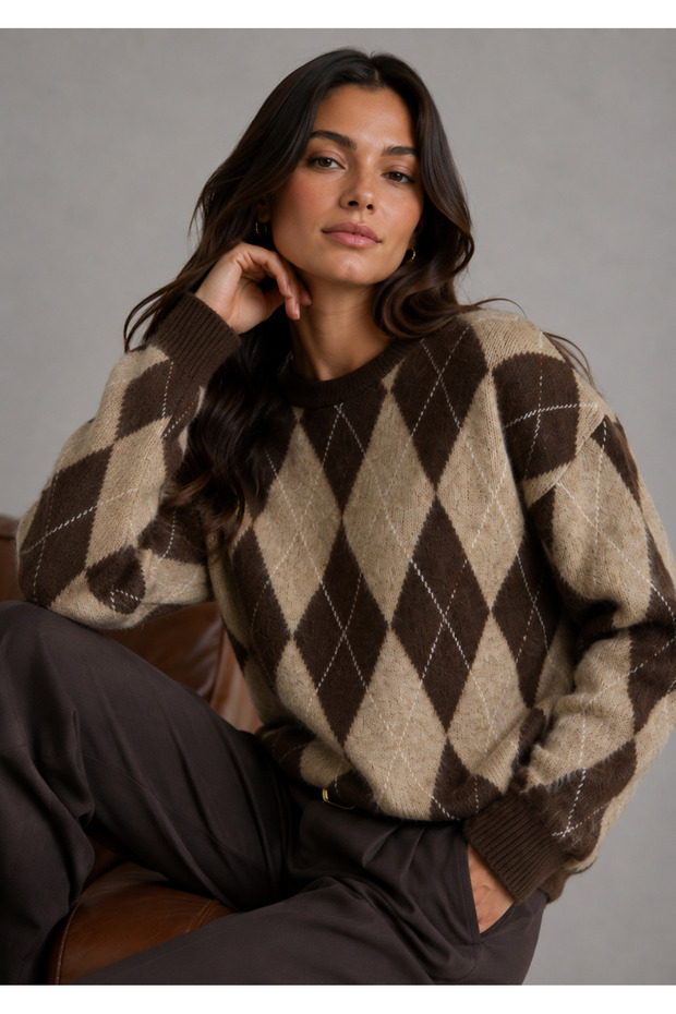 Brown Baklava Pattern Crew Neck Oversize Women's Knitwear Sweater