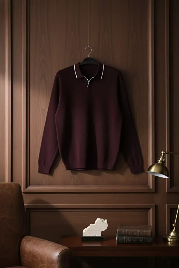 Men's Polo Neck Self-Stripe Patterned Knitwear Sweater