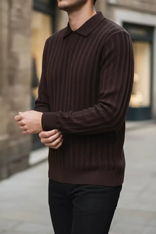 Polo Neck Patterned Men's Knitwear Sweater
