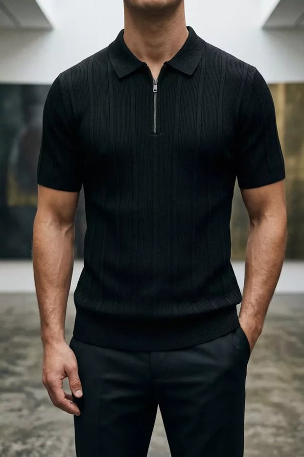 Men's Polo Collar Half Zip Knitwear T-Shirt