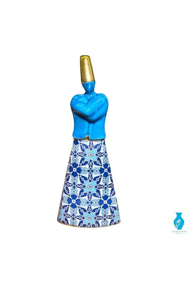 Mevlana Style Ceramic Whirling Dervish Figurine, Blue and Gold Handicraft