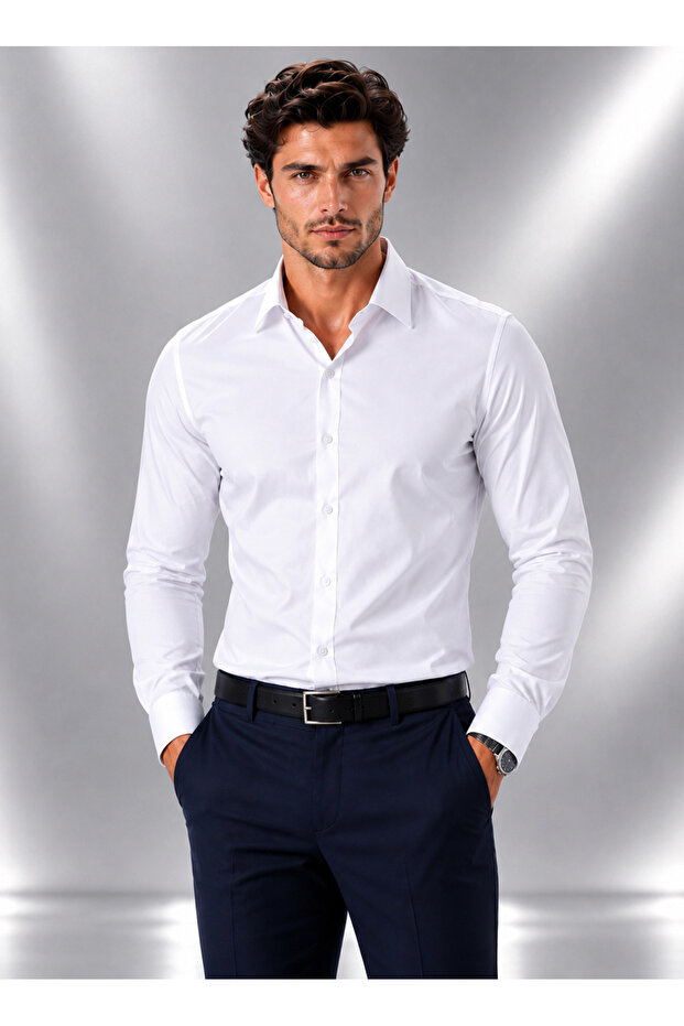 Comfortable Slim Fit Cut Four Seasons White Men's Shirt