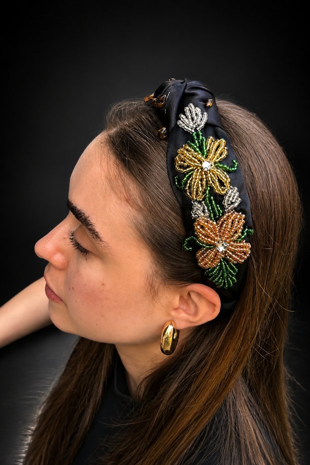 Bym806-1 Women's Black Handcrafted Floral Embroidered Single-Sided Hair Crown Henna Engagement Evening Dress