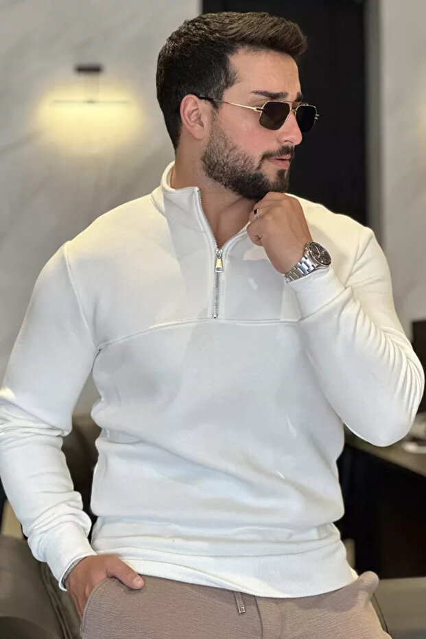Men's Stand Collar Half-Zip Three-Thread Ribbed Sweatshirt