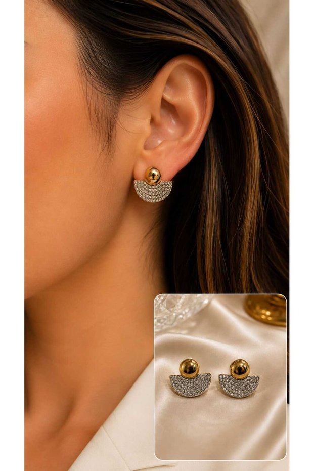 Women's Gold Color Zircon Stone Half Moon Model 316L Stainless Steel Earrings