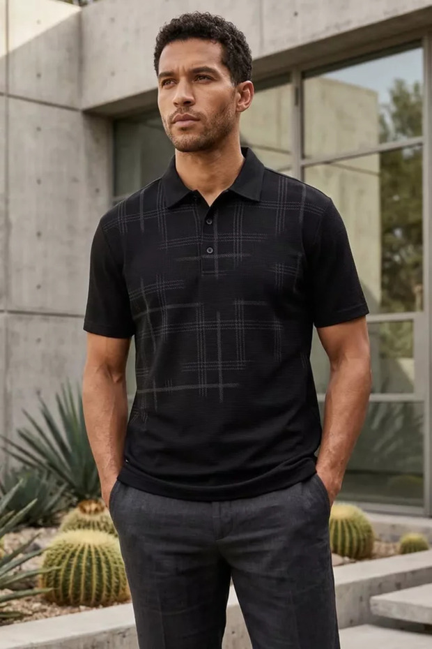 Men's Polo Collar Half Button Printed T-Shirt