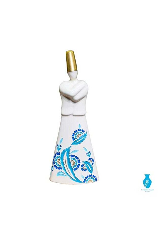 Handcrafted Ceramic Whirling Dervish Figurine, Mevlana Style, White with Blue Floral Pattern