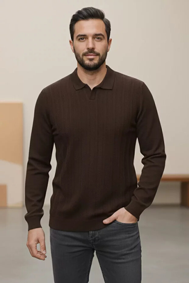 Men's Self-Patterned Polo Collar Knit Sweater