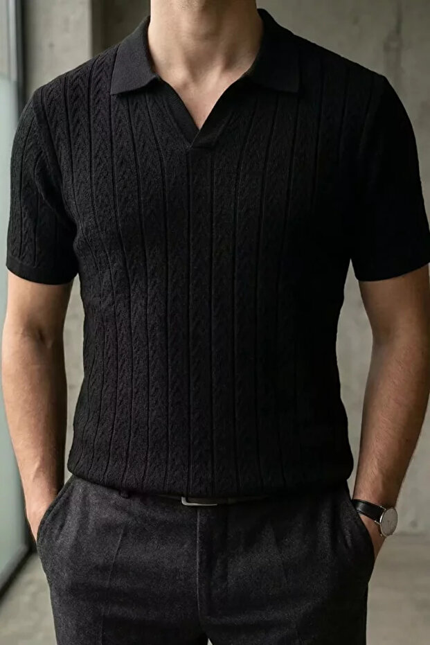 Polo Collar Patterned Men's Knitwear T-Shirt