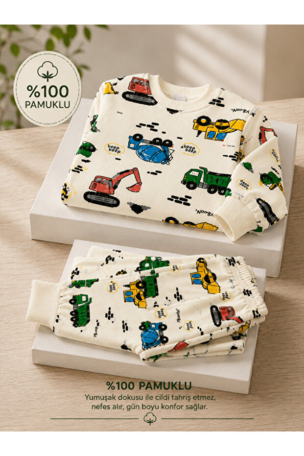 Boy's 100% Cotton Cream Work Machine Pattern Pajama Set