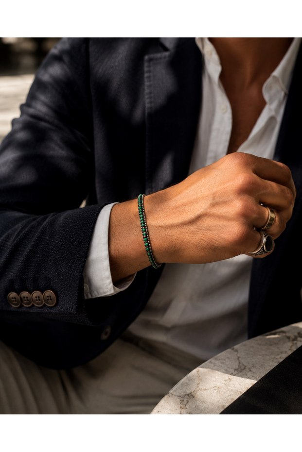 Men's Mavero Green Stone Detailed Stainless Steel Bracelet