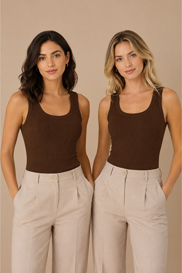 Women's 2-Pack 95% Cotton U-Neck Thick Strap Ribbed Camisole Undershirt Brown