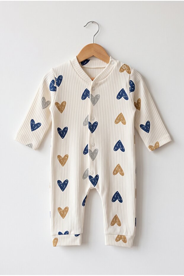 Beige and Blue Heart Patterned Baby Romper 3-6-9 Months 100% Cotton