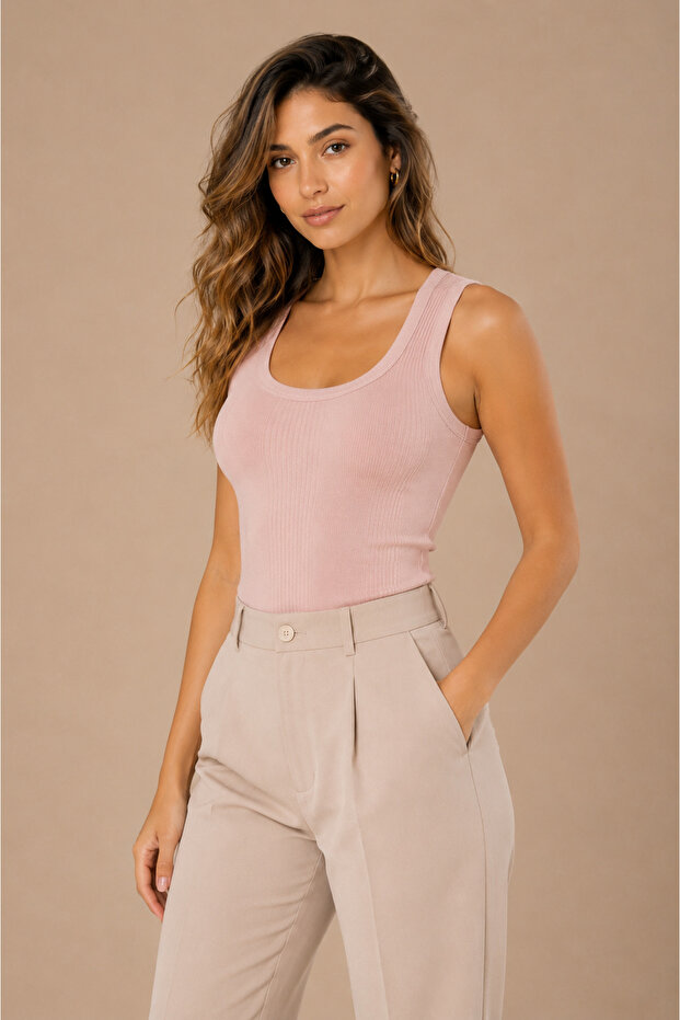 Women's 95% Cotton U-Neck Thick Strap Ribbed Camisole Undershirt Powder