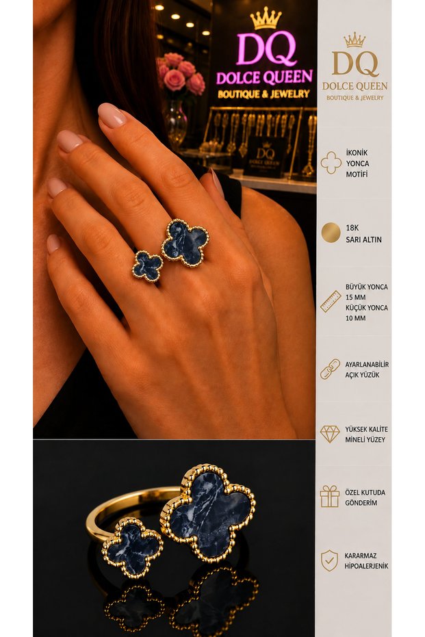 Women's Double Clover Motif Adjustable Open Ring