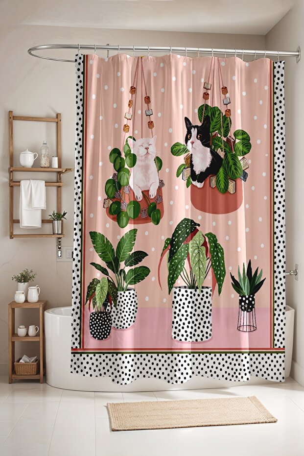 Bathroom Curtain, Cats in a Pot Patterned Shower Curtain, Bathtub Curtain 175X200Cm