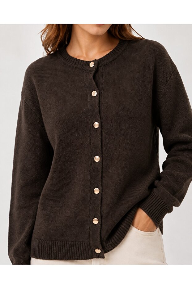 Crew Neck Gold Button Detailed Basic Women's Knitwear Cardigan