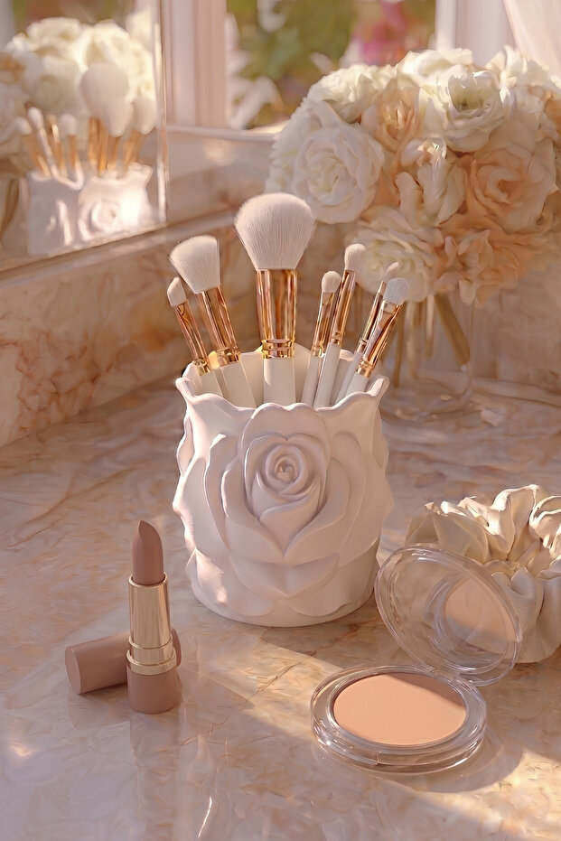 Velvet Rose 11cm Bioplastic Rose Design Makeup Organizer - White