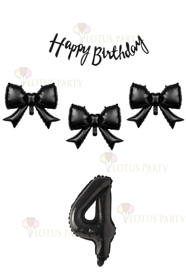 3 Pieces of Black Bow Balloons, 1 Piece of Black Number Balloon, 1 Piece of Black Happy Birthday Text Balloon.