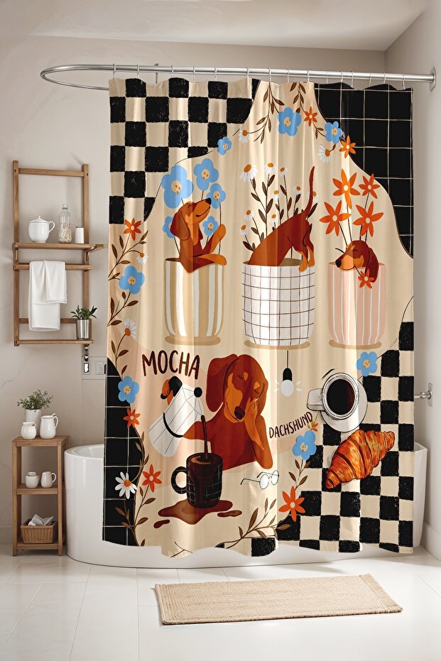 Bathroom Curtain, Mocha Loving Dog Patterned Shower Curtain, Bathtub Curtain 175X200Cm