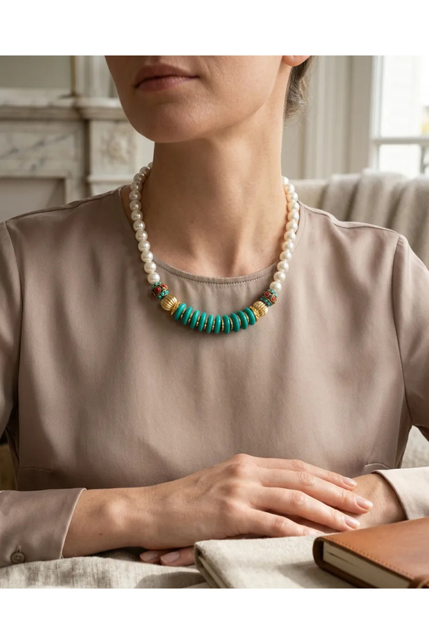 Natural Stone Women's Necklace Glass Pearl Turquoise Stone Steel Gold Detailed Vintage Bohemian Jewelry