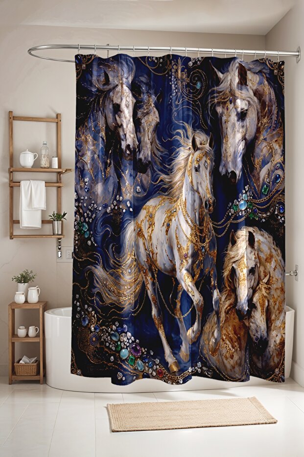 Bathroom Curtain, Gold Embroidered Flowers Pattern Shower Curtain, Bathtub Curtain 175X200Cm