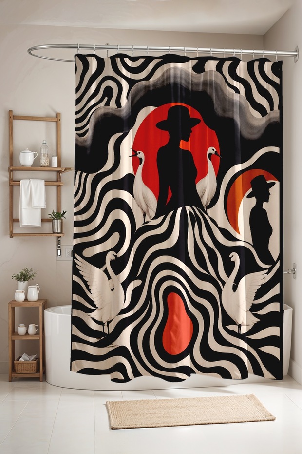 Bathroom Curtain, Patterned Shower Curtain with Geese and Female Theme, Bathtub Curtain 175X200Cm