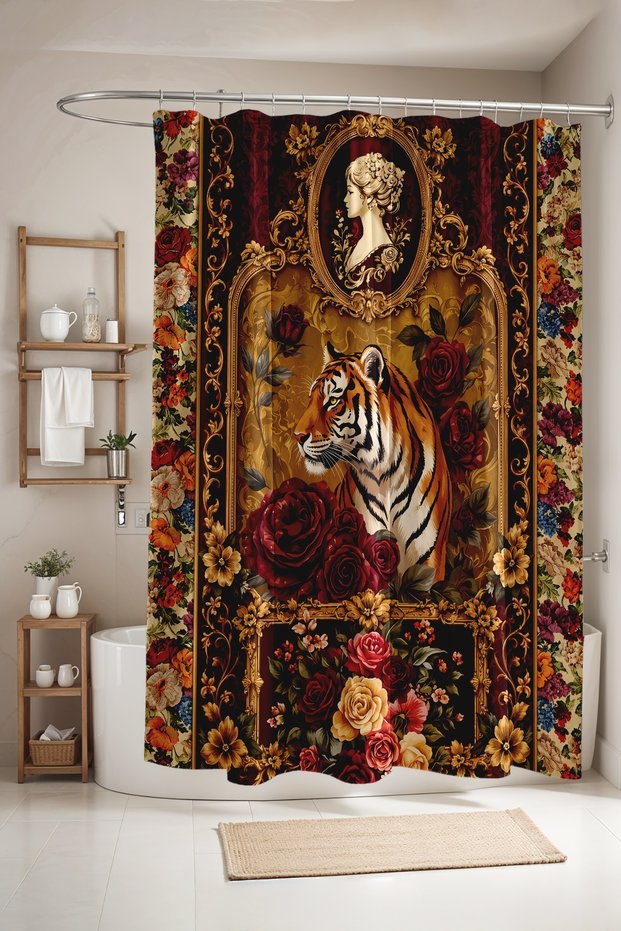Bathroom Curtain, Roses and Tiger Painting Patterned Shower Curtain, Bathtub Curtain 175X200Cm