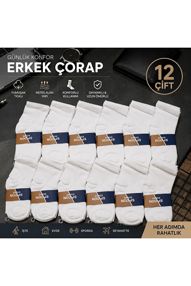 Men's Solid Color White-Opaque Mid-Calf Half Long Socks 12-Piece Pack