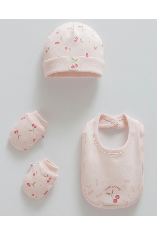 Caramell 100% Cotton Premium Cherry Baby Girl Beanie & Bib Set with Gloves Gift Boxed