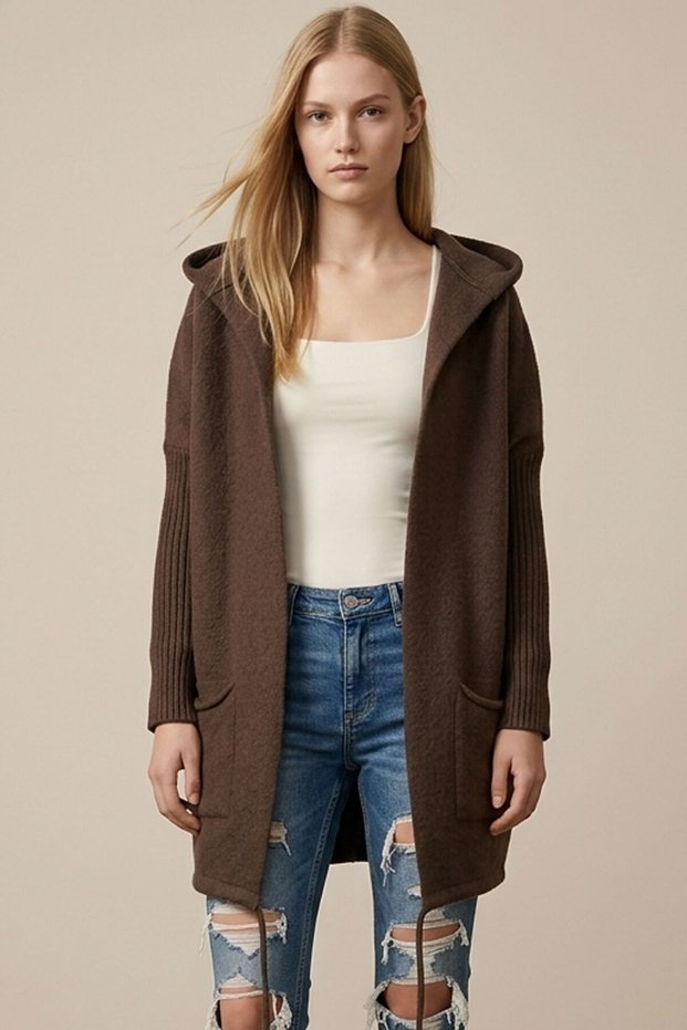 Gret Oversize Soft Textured Hooded Back Skirt Slit and Lace Detail Low Sleeve Knitwear Women's Cardigan & Jacket - Brown