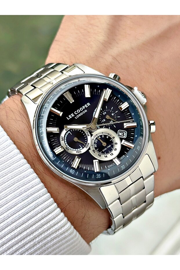 Silver-Navy Blue Color 5 Atm Multi-Function Steel Band Men's Wristwatch 8213Lc