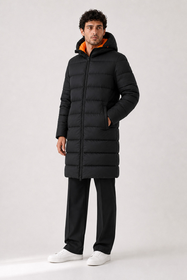 Men's Long Puffer Coat - Parka, Wind and Water Resistant, Orange Lining, Hooded, Winter Coat