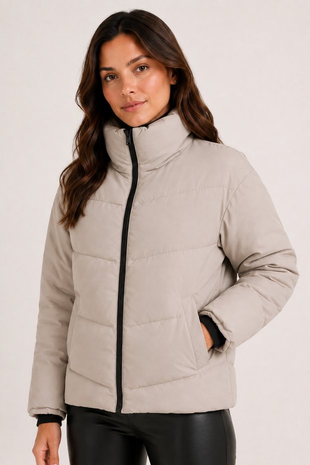 Women's Stone-Colored High Collar Short Puffer Coat – Padded, Zippered, Water-Resistant