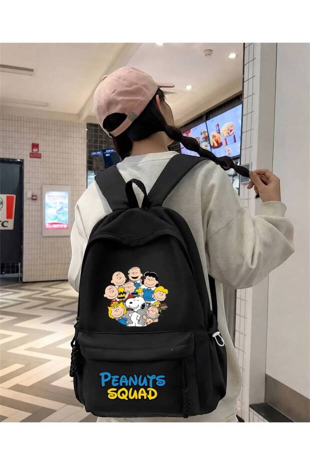 حقيبة ظهر مدرسية مطبوعة باللون الأسود من Peanuts Squad، حقيبة ظهر للمدرسة والدروس والدورات