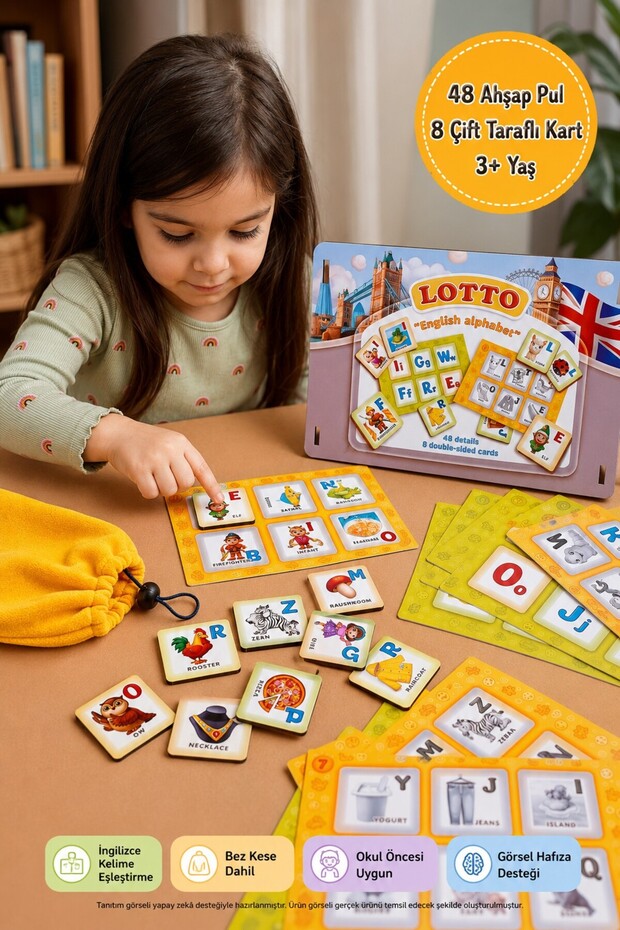 English Alphabet Wooden Educational Bingo Game 48 Stamps 8 Double Sided Cards Preschool