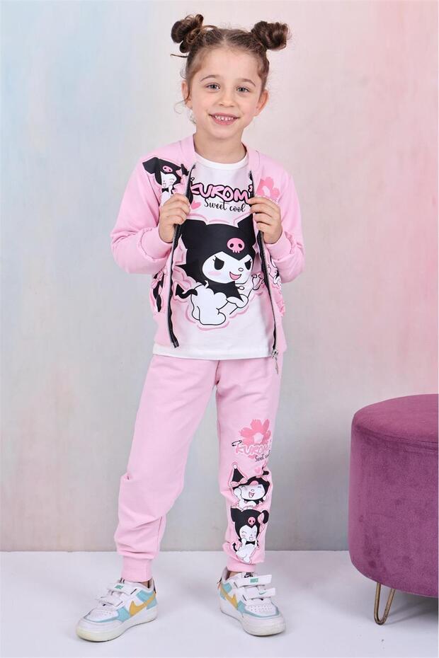 Character Printed Combed Cotton Jacket - Combed Cotton Sweatshirt - Combed Cotton Pants Girls' 3-Piece Set
