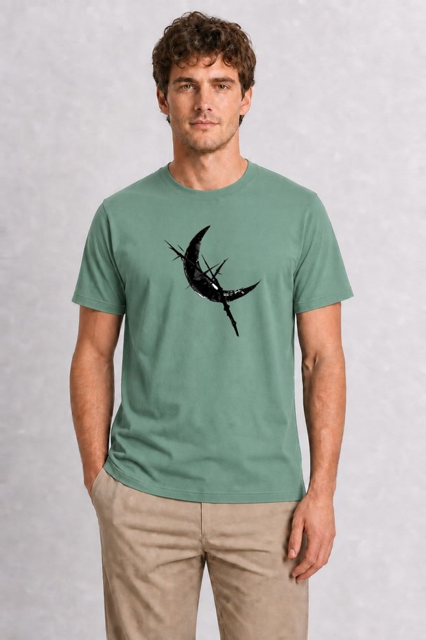 Unisex Green Sumi-E Style Bamboo and Moon Graphic Printed Regular Fit 100% Cotton T-Shirt