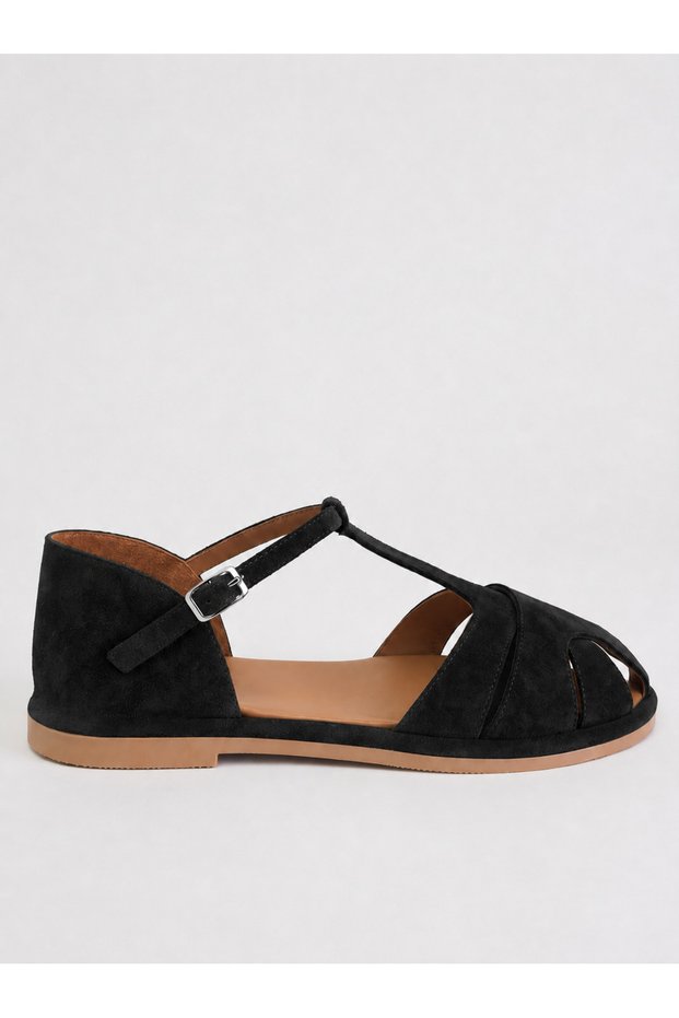 Genuine Leather Black Suede Handmade Buckle Comfortable Wide Fit Women's Sandals
