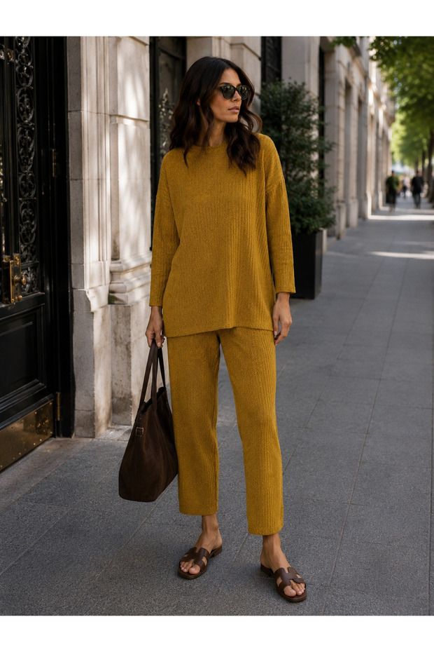 Women's Stylish Casual Ribbed Two-Piece Set – Long Sleeve Blouse & Pants