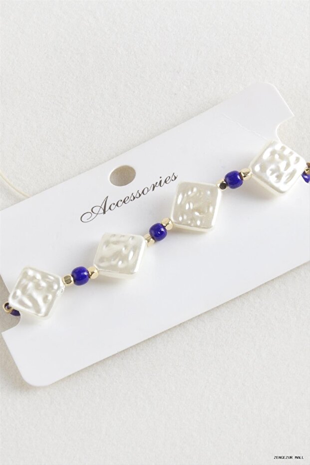 Zngzrmll Baklava Beads Pearl Macrame Rope (13732) Bracelet Navy Blue