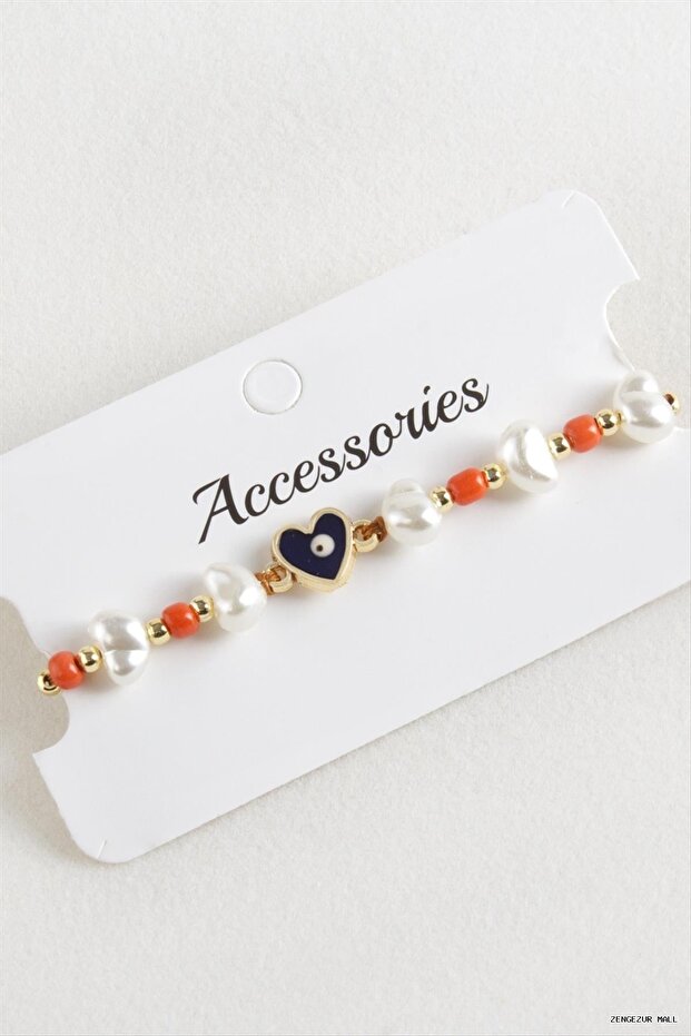 Zngzrmll Heart Beads Pearl Macrame Rope (34016) Bracelet Orange