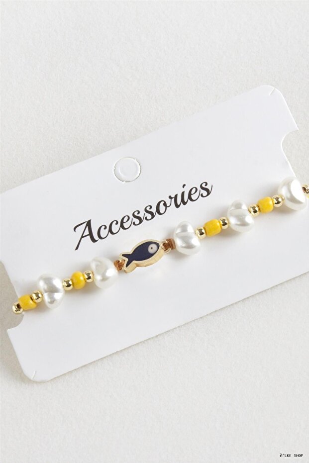 Ilkestor Fish Pearl Beads Macrame Cord (61408) Bracelet Yellow