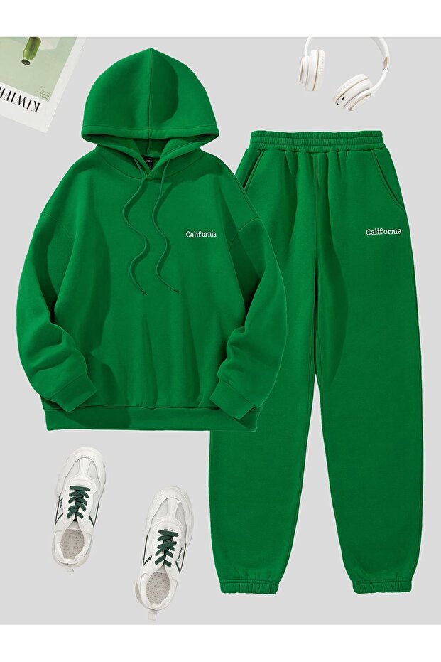 3 Thread California Summer Sweatshirt Sweatpants Jogger -Nefti Green Printed Top and Bottom Tracksuit Set with Hood