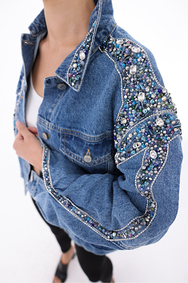 Women's Designer Denim Jacket with Colorful Stone Bead Chain Embroidery Detail, Blue Oversize Fit Bomber Coat, Limited Edition