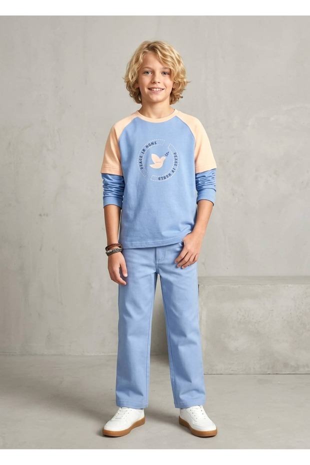 Organic Classic Cut Blue Woven Spring Boys' Trousers