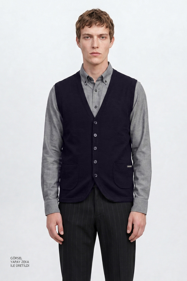 Men's Navy Blue Cotton Standard Fit Regular Cut V-Neck Knitwear Vest with Pocket